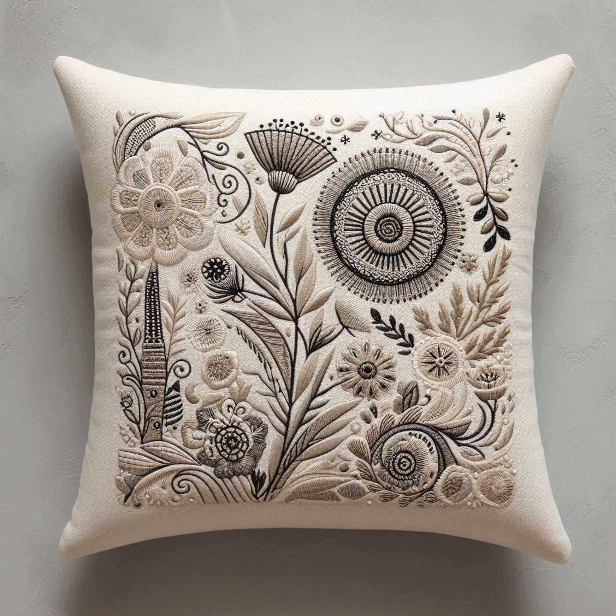 Finished linen cushion with embroidered pattern